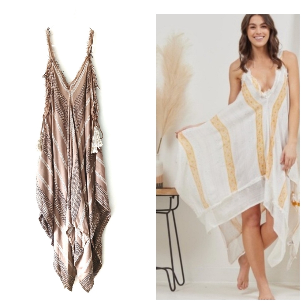 SURF GYPSY Boho Lace Up Handkerchief Hem Dress L
